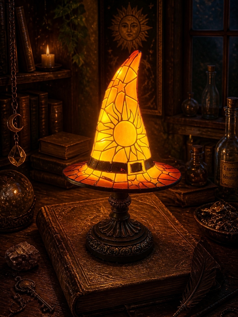 Faux Stained Glass Witch Hat Table Lamp - Amber Orange